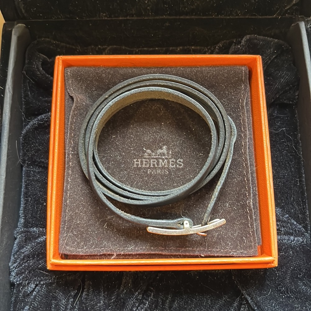 Hermes Black Leather Wrap Bracelet with Silver-Tone Buckle